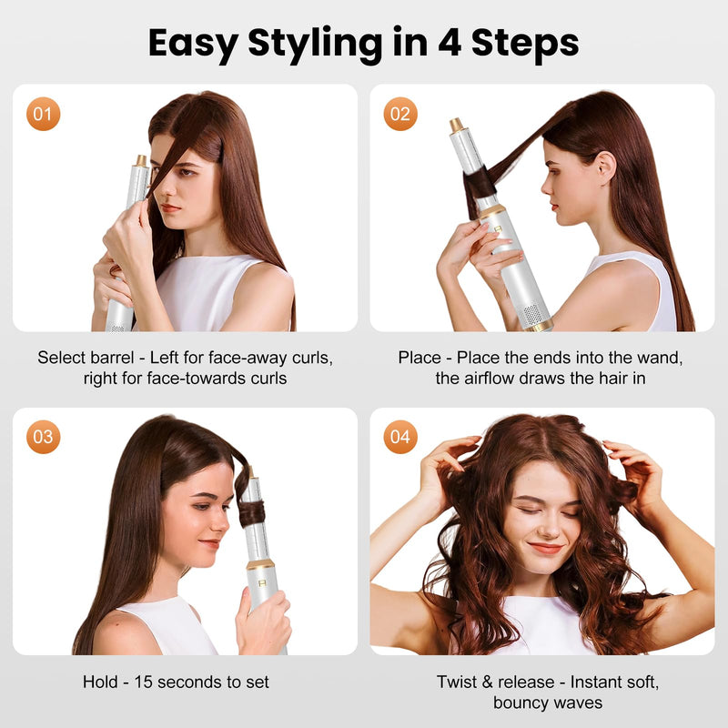 Hair Styler 5-in-1 Set, 1000W Hot Air Brush with Hair Styling Appliances | Air Wrap, Auto-Twist Curlers & Straightening Brush White