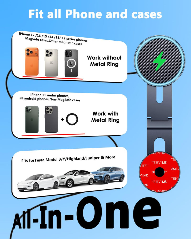 Tesla Model 3/Y/YL/X/S Phone Mount Charger, 15W Fast Charging Car Mount | [Strong Magnet & 100% Hidden & 360° Rotation]Tesla Phone Holder for Magsafe iPhone 17-12 Series, Tesla Model Y/3 Accessories