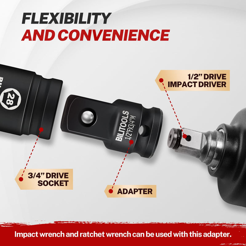 BILITOOLS Impact Socket Adapter 1/2" Female x 3/4" Male Increaser for 3/4" Drive Sockets & Using with Impact Guns Wrenches, Breaker Bars, Ratchets