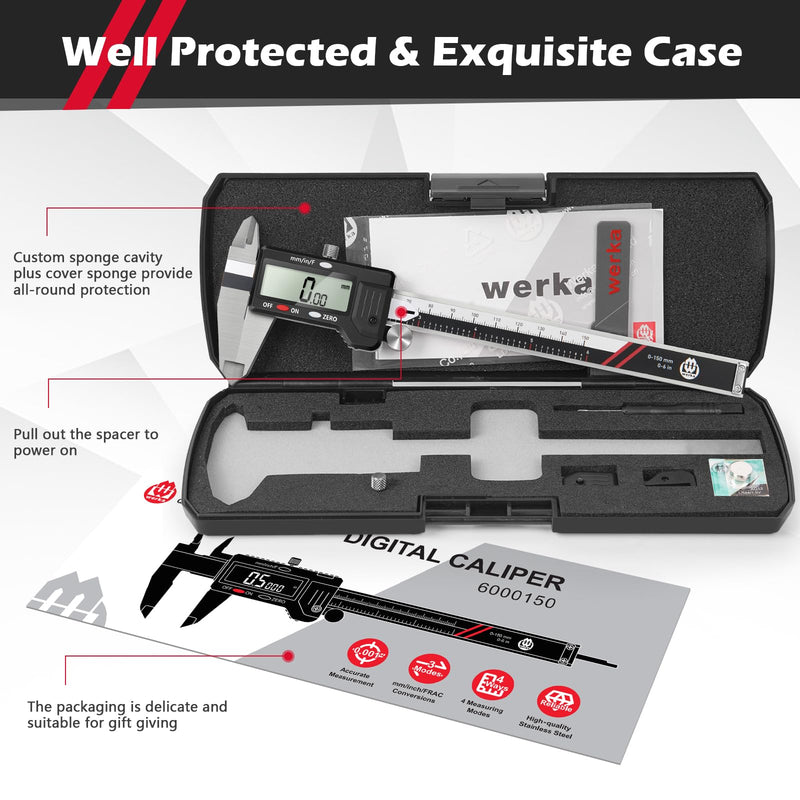 Digital Caliper, 0-6” Calipers Measuring Tool, Auto-Off Micrometer Caliper with 0.001”High-Accuracy,Inch/Fraction/Millimeter Conversions Button,4 Measuring Ways, Stainless Steel Construction WK6000150