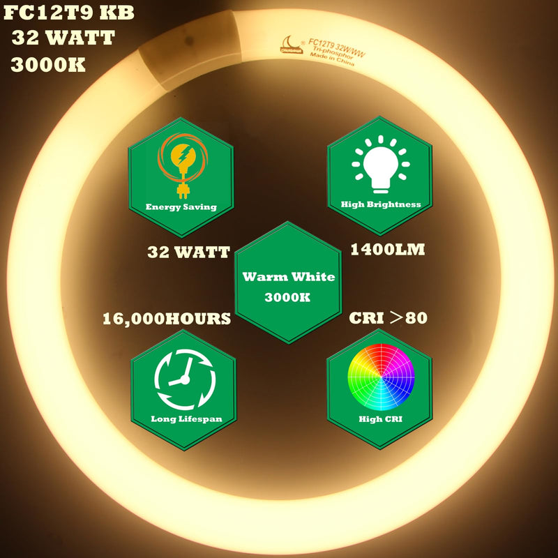 CHKADAWA FC12T9/KB 32 Watt Light Bulb, 12 inch FCL 32W T9 Circular Fluorescent Light Bulb, FC12T9 WW Round Light Bulbs Warm White 3000K, G10q 4 Pin Prong Base, 2 Pack