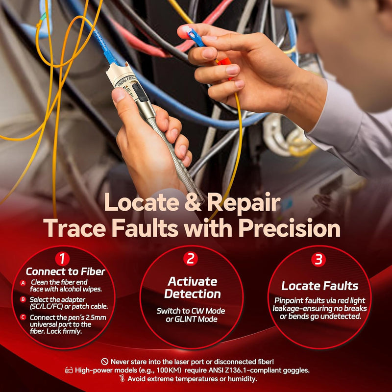 Visual Fault Locator Kit - 50KM Range Fiber Optic Cable Tester Tool Kit Red Light Pen Tester with 2.5mm Universal Connector 2pcs FC-LC Adapters 1pc LC/SC/FC Coupler 3 x 1.5m Patch Cords RAINLEOTI VFL-50