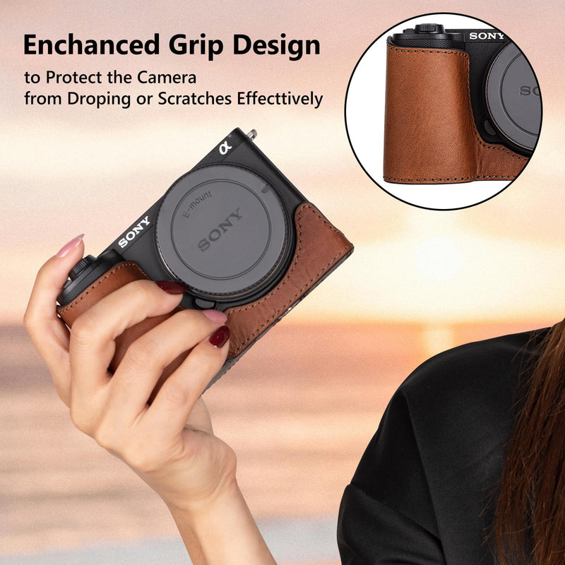 MUZIRI KINOKOO Protective Case for Sony ZV-E10 II, Vintage Textured Genuine Leather Half Case Compatible for Sony Alpha ZVE10 II/ZV-E10 II Camera, with Opening Bottom & 1/4” Thread Screw - Brown