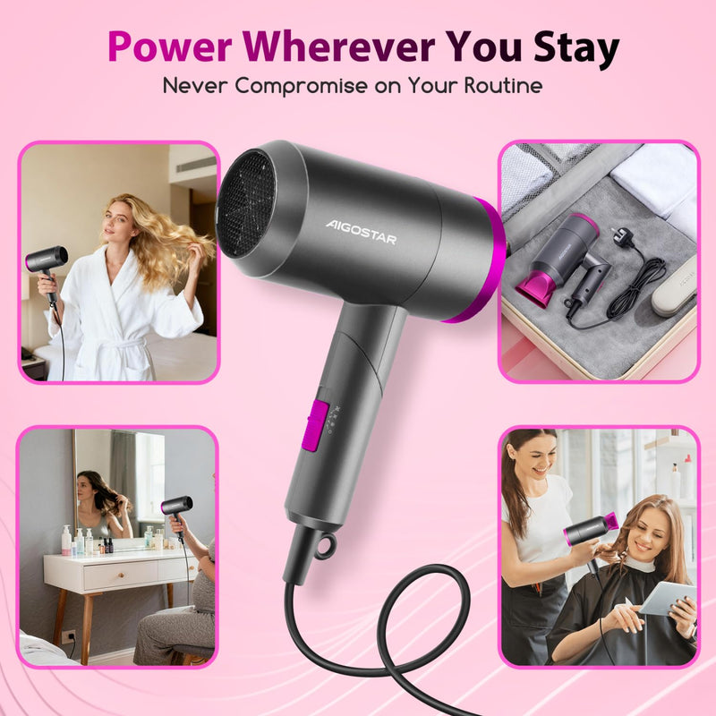 Aigostar Foldable Ionic Hair Dryer 1800W, Portable Travel Blow Dryer with Concentrator & Storage Bag, 2 Heat Settings & Cool Shot, Compact Lightweight Hairdryer for Home, Gym & Holiday - Diane Grey/Rose Pink(foldable)