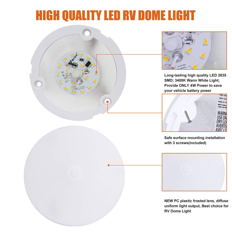 Facon 4-1/2'' LED RV Puck Light, 2-Packs Slim Surface Mount Ceiling Dome Light with Switch, 12V DC Interior Light for RV Camper Trailer Motorhome, 3400K Warm White Dia: 4.5Inch, 2Packs 3400K Warm White Light