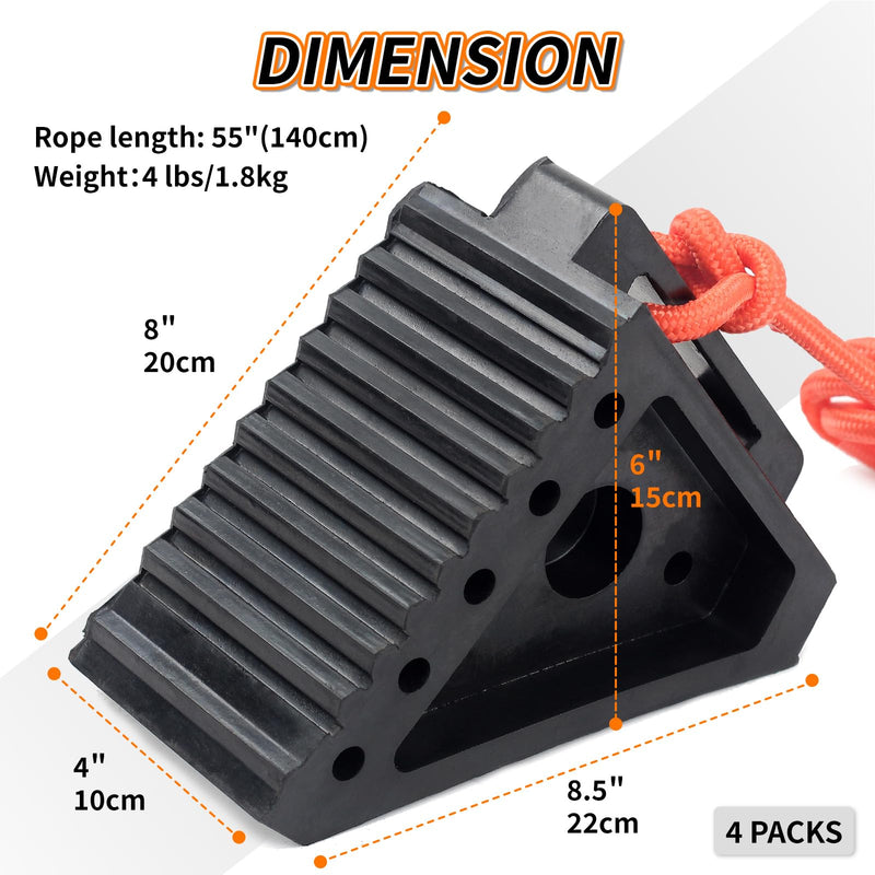 Premium Rubber Wheel Chocks with Carry Handles, Solid RV Tire Chocks for Camper, Travel Trailer, Trucks or ATV, Stable and Durable, 8.5" x 4" x 6" (4-Pack)