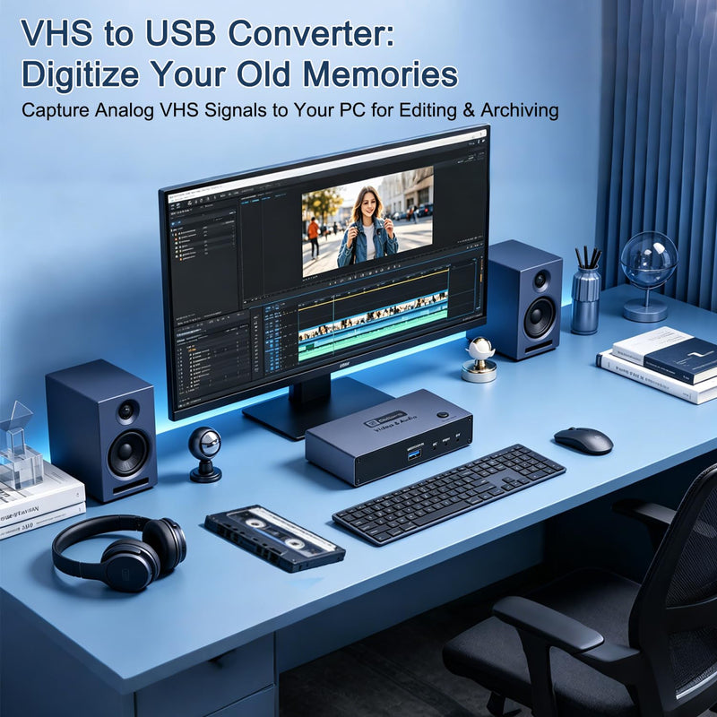 2026 Upgraded VHS RCA YPbPr to Digital Converter, 1080P 60Hz Component Composite Audio Video to USB Video Capture Card for VHS VCR DVD PS2 Wii N64, Compatible with Windows Mac Linux Android
