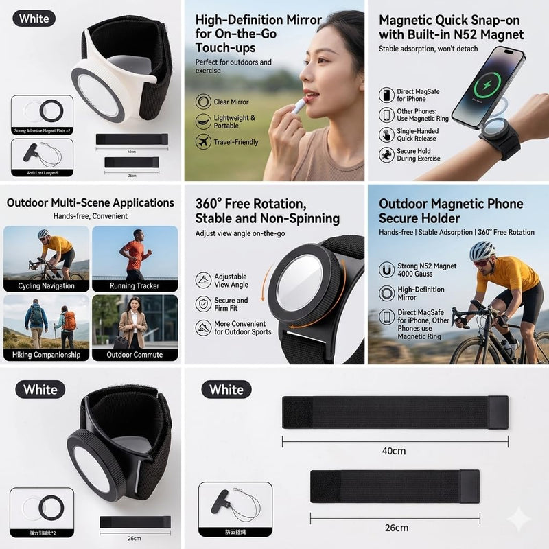 YUEVEXOA Magnetic Phone Wristband Mount, 360° Rotatable Sports Armband Forearm Cell Phone Holder with Selfie Mirror, N52 Magnet Wrist Strap for Cycling Navigation, Running（Black） black out