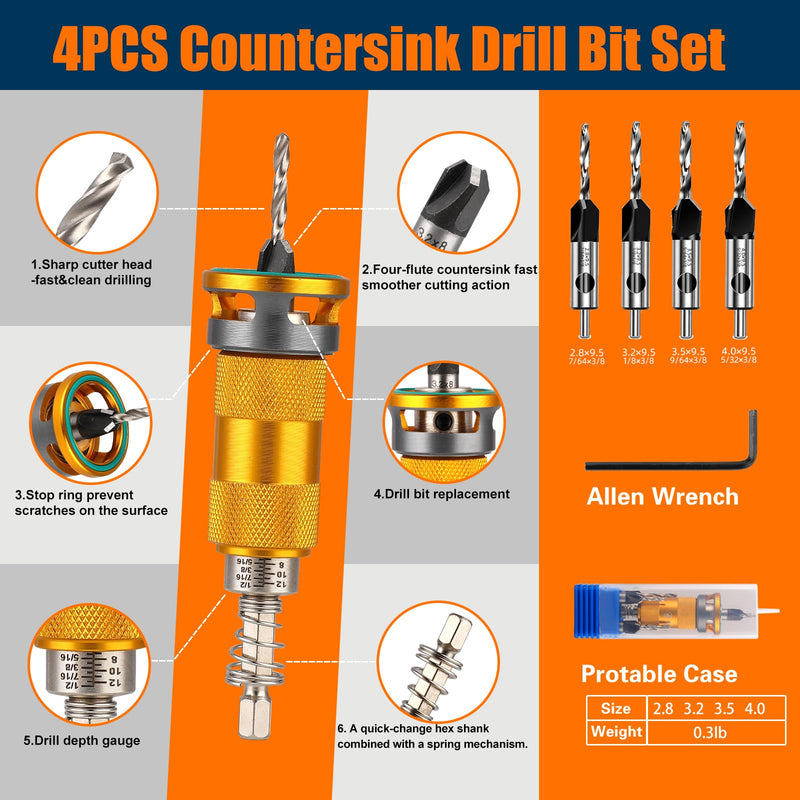 Countersink Drill Bit Set with Depth Stop 4PCS, HCS Four Blades Countersink Bits with Quick Adjust Depth Stop and L Shape Wrench, Wood Countersink Bit Set for Wood, Plastic, Woodworking 4PCS Four Blades Countersink Bits with Phillips Bit(Upgraded)
