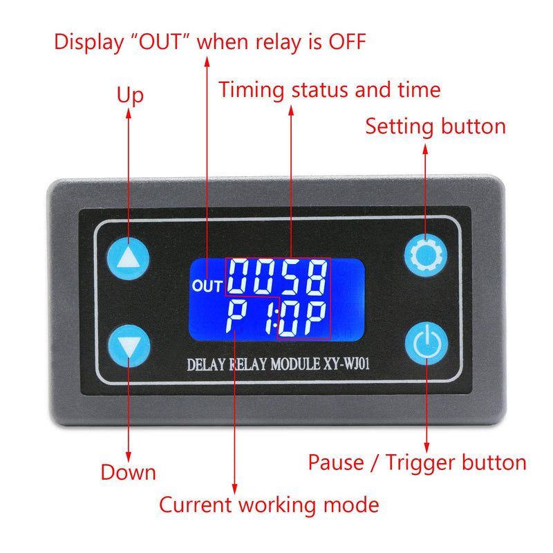 DROK Delay Relay Module, DC 6-30V Timer Relay 12V 24V 0.01s-9999min 50mA Digital Timer Cycle Delay Switch Module AC 220V Power On-Off Controller with LCD Display Switch Button Case 10A
