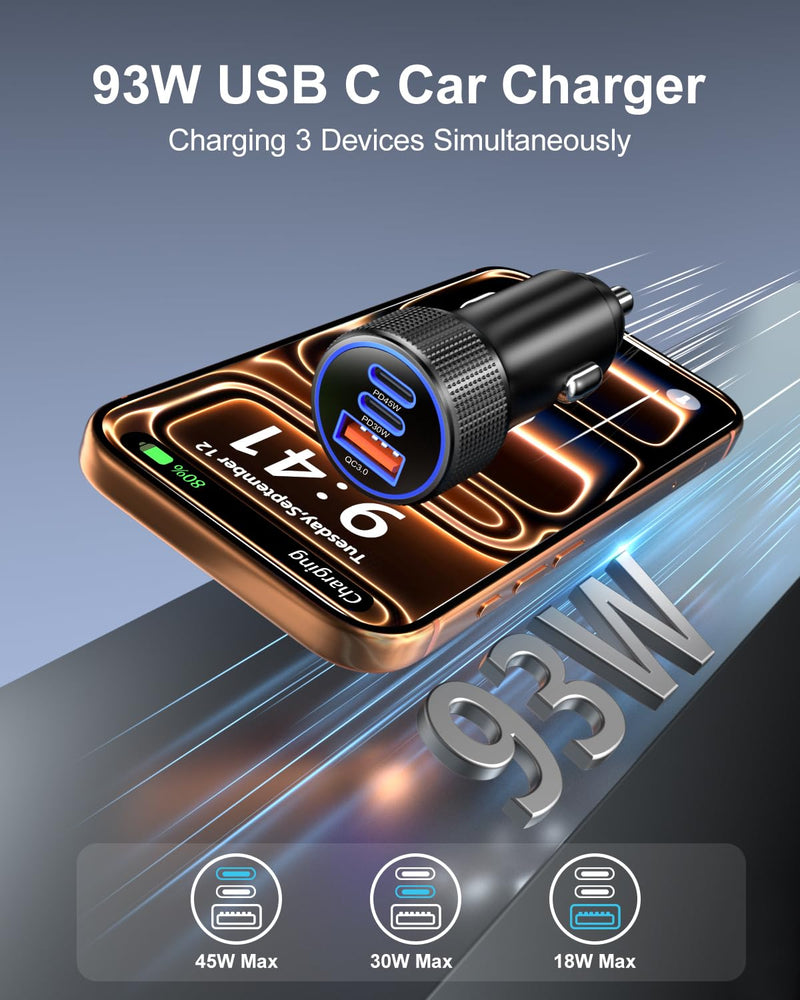 Car Charger USB C Fast Charge 45W & 30W, Besgoods 3 in 1 Cigarette Lighter Adapter [USB C & USB A] PD3.0 PPS for iPhone 17/16/15 Pro Max Galaxy S26 Ultra S25 FE S24 S23, 2Pack Black