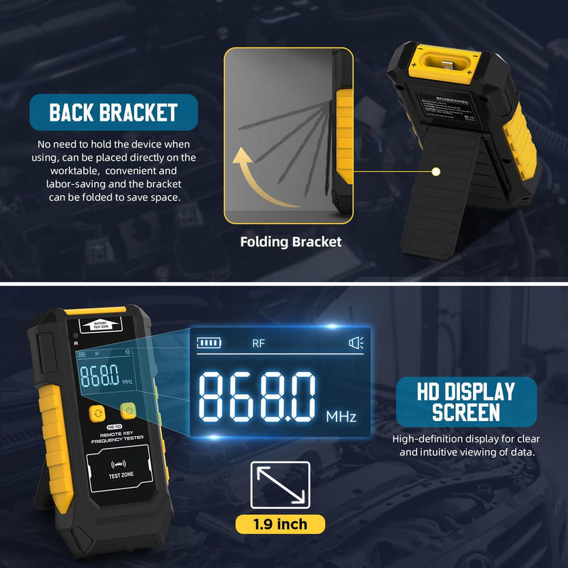 3-in-1 Universal Remote Key Tester with HD Display - Infrared Signal Testing, Key Frequency Detection & Button Battery Voltage Check, 315/433/868/902MHz, 2 Power Supply Methods with Bracket