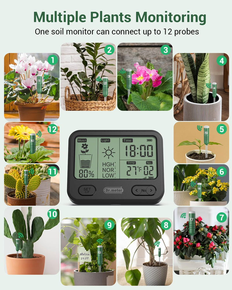 4-in-1 Soil Moisture Meter, 300ft Wireless Soil Tester Sensor, Temperature/Light/Time/Soil Hygrometer Monitor with Digital LCD Display for Indoor Outdoor Plants, Garden, Lawn, Gardening Gifts LCD Display + 1PCS Sensor