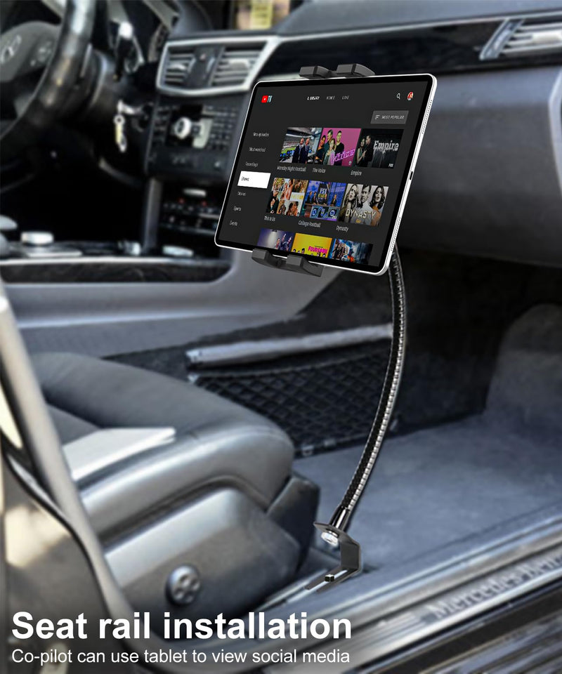 Car Seat Rail Tablet Mount, Heavy Duty Truck Floor Seat Bolt Tablet Holder with Gooseneck Arm for iPad Pro 12.9 11 Air Mini, iPhone, Galaxy Tabs, Z Fold, Fire, More 4-13" Cell Phones and Tablets