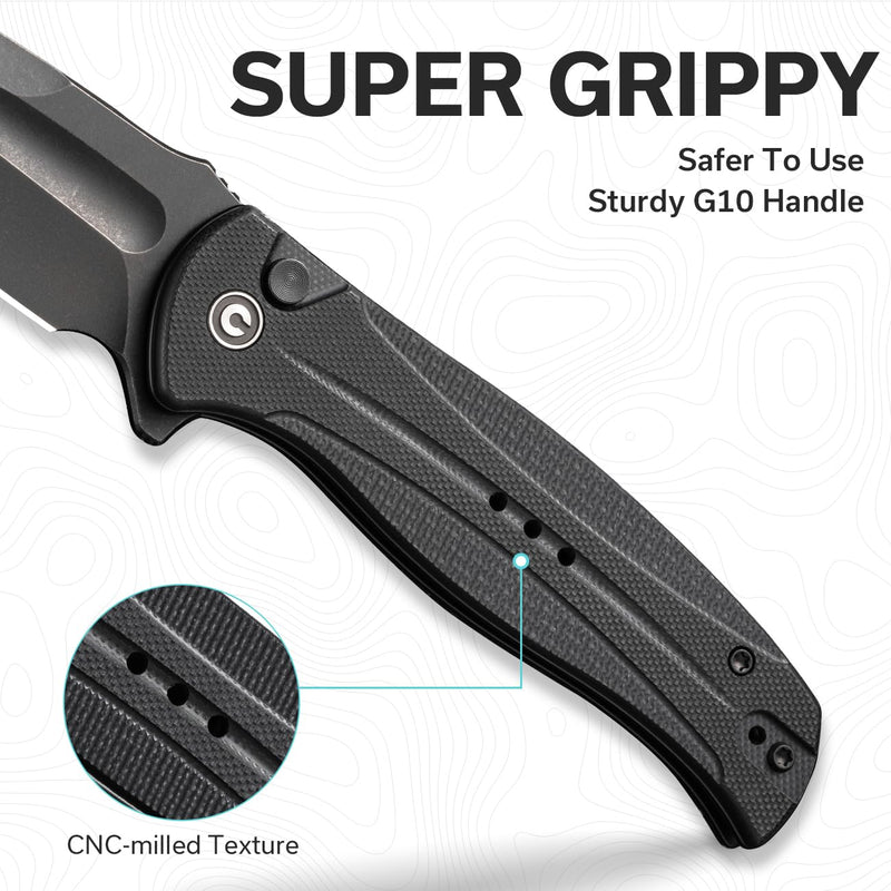 CIVIVI Incindie Pocket Knife for Men, Folding Knife with 3.48" 14C28N Blade Milled G10 Handle for EDC C23053-1 (Black) Black