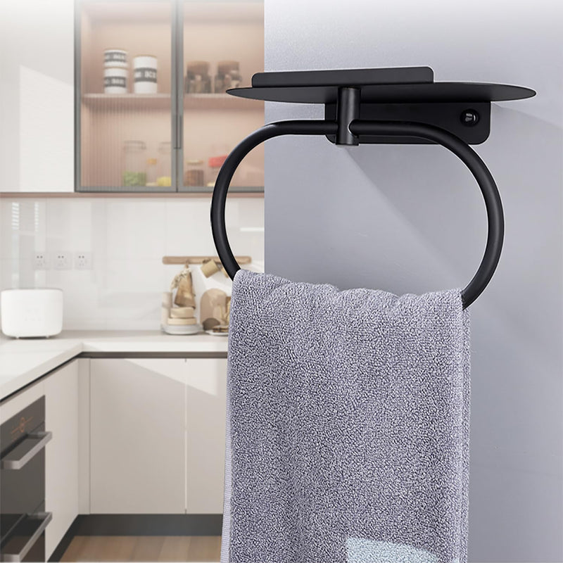 Towel Ring with Shelf, Heavy Duty Stainless Steel Bathroom Hardware, Adhesive No-Drill or Drill Mount Wall Mounted Towel Holder for Bathroom and Kitchen (Black) Black