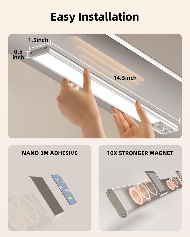 EZVALO 134 LED Under Cabinet Lights, 3200mAh Rechargeable Motion Sensor Light Indoor, Dimmable Magnetic Closet Lights with 3 Color Temps, Wireless Under Counter Lights for Kitchen, Stair (2 Pack) 14.5 inch Silver