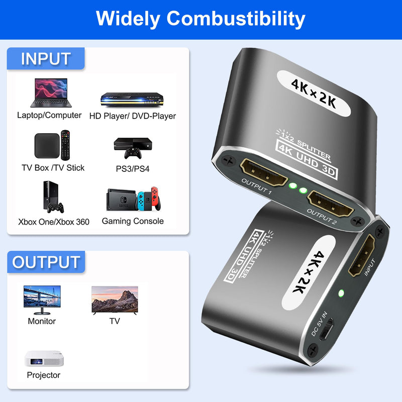 HDMI Splitter 1 in 2 Out -HDMI Splitter for Dual Monitors Duplicate/Mirror Only - Not for Multi Monitors, 1x2 HDMI Splitter1080P, 4K @ 30Hz (One Input To Two Outputs), 1 Source to 2 Identical Displays Silver