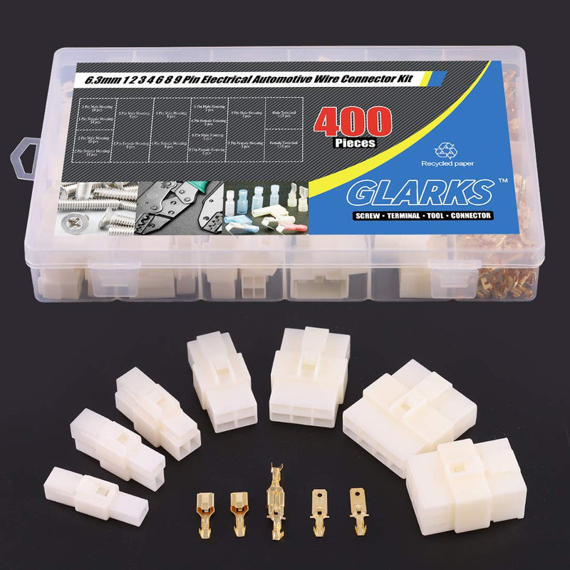 Glarks 400Pcs 6.3mm 1 2 3 4 6 8 9 Pin Electrical Automotive Wire Connector Male Female Socket Plug and Pin Header Crimp Wire Terminals Kit for Motorcycle, Bike, Car, Boats 400Pcs 1 2 3 4 6 8 9 Pin