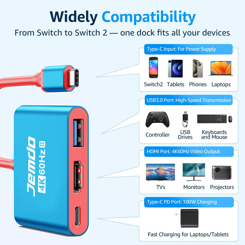 Switch 2 HDMI Adapter Dock Station(3 Ports), 4K 60Hz HDMI 2.0,18Gbps,PD 100W & USB 3.0, Portable USB-C to HDMI Travel Dock for TV Compatible with Nintendo Switch 2/OLED/2017/Steam Deck/ROG Ally 4K60Hz Blue