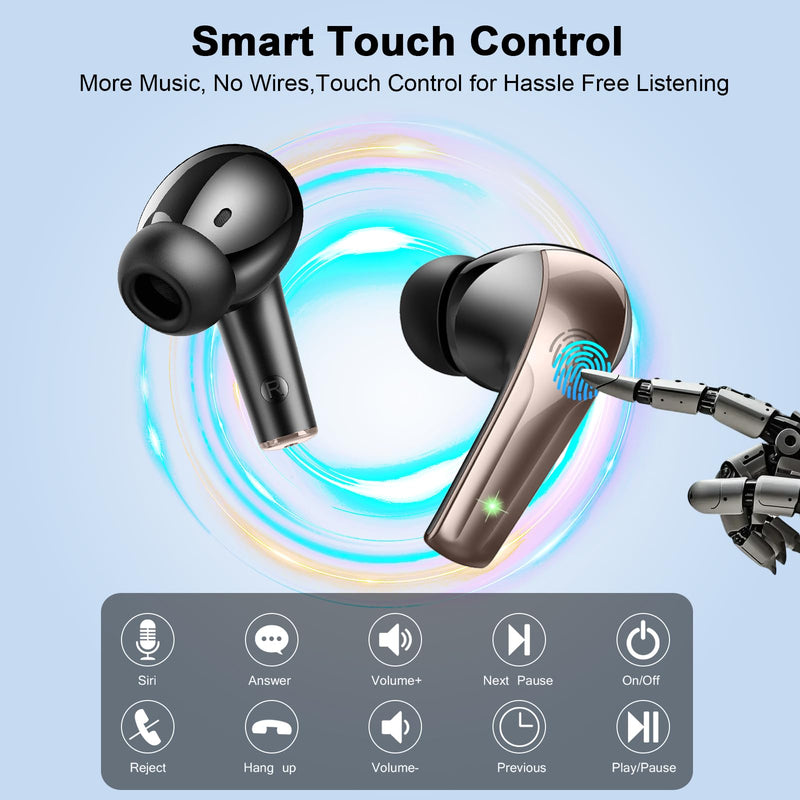 Wireless Earbuds Stereo Sound in Ear Headphones, 47H Playtime, LED Display | Noise Cancelling EarBuds Deep Bass with 4 Mic ENC Clear Calls, Bluetooth 5.4 Headphones, Touch Control, IP7 Waterproof Black Gold