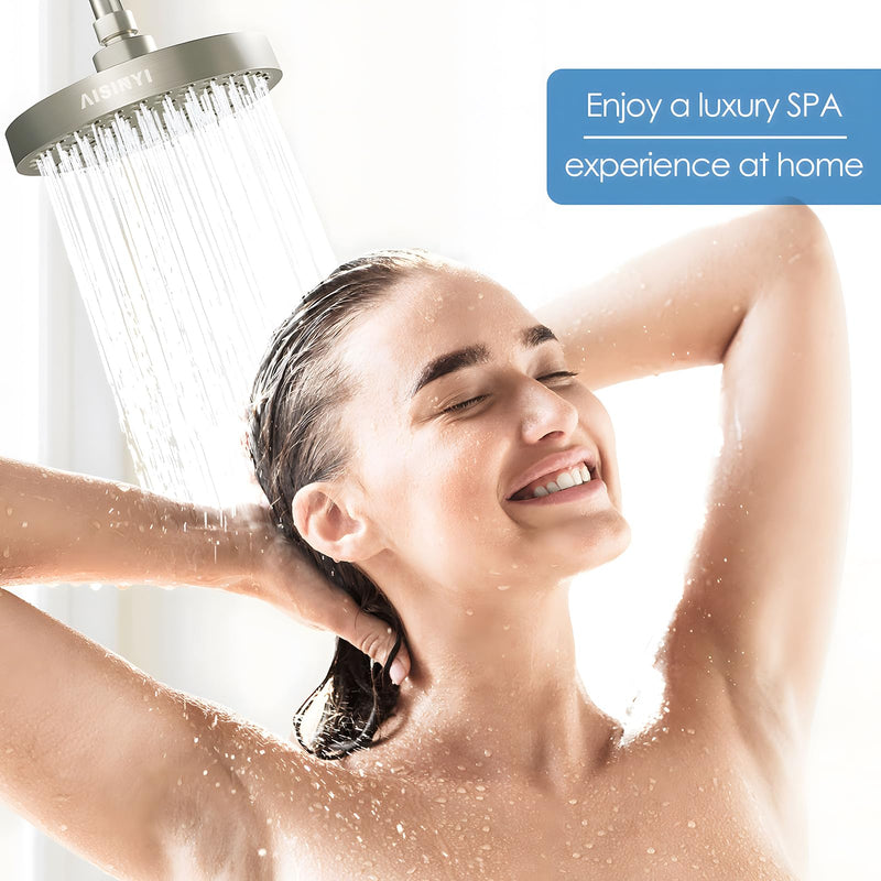 High Pressure Rainfall Shower Head, 6 Inches Luxury Showerhead with Perfect Adjustable Replacement, Removable Restrictor, Easy Installation for Your Bathroom Shower Heads (Brushed Nickel) 6 Inch Round (1 PCS) Brushed Nickel