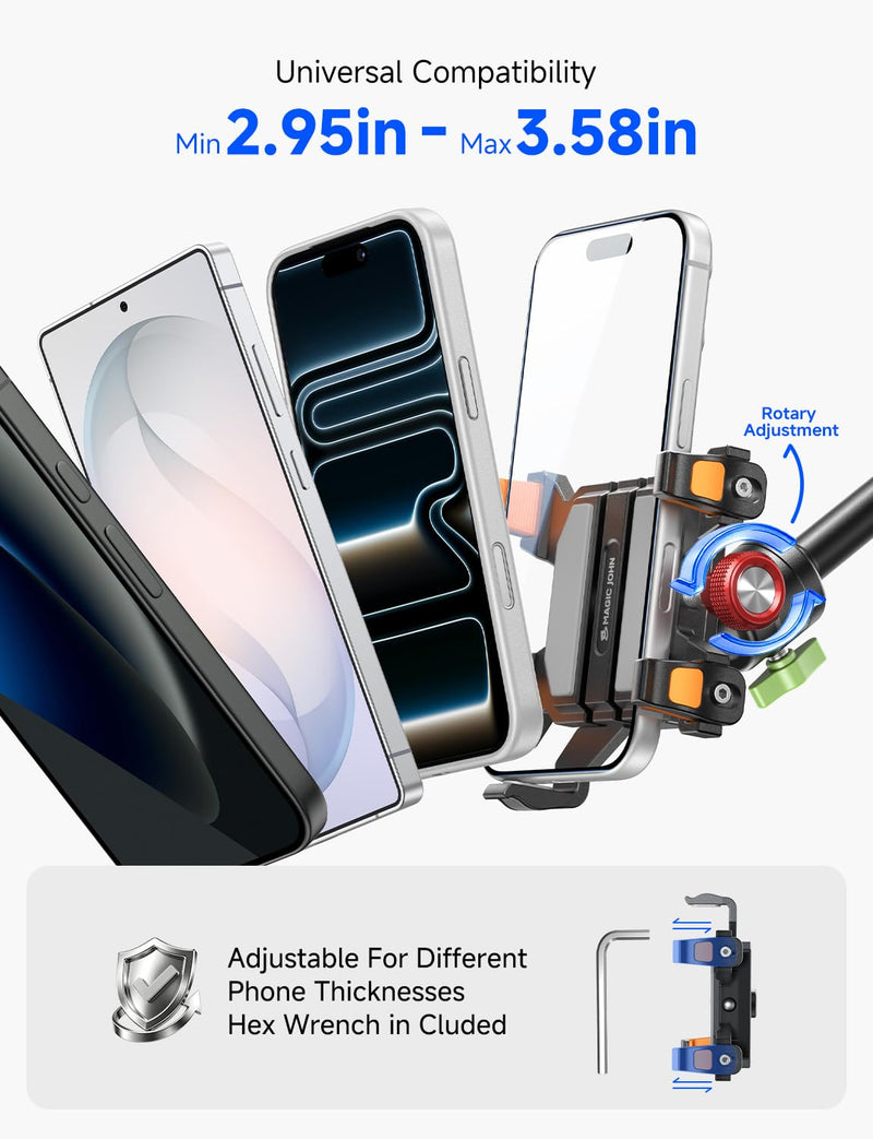MAGIC JOHN Metal Car Phone Holder 360° Rotation Suction Mount Windshield | All-Metal Build With Enhanced Suction Cup, Adjustable Clamp Arms, Compatible With iPhone Samsung & All Smartphones