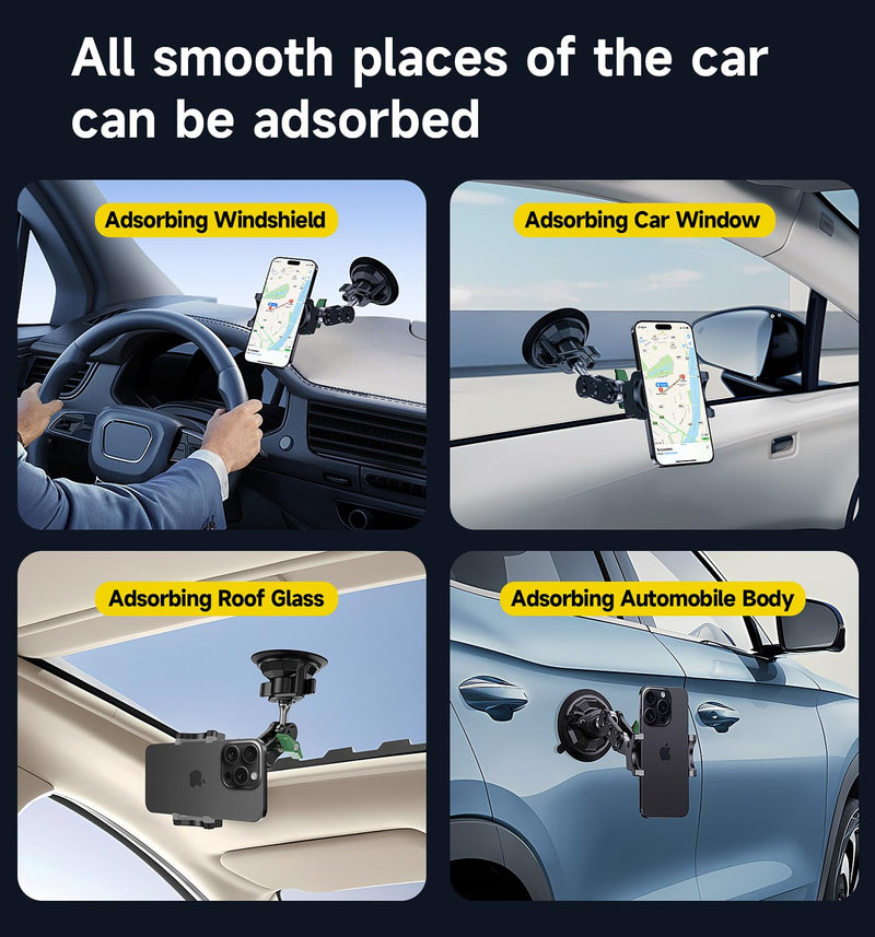 MAGIC JOHN Car Phone Holder, Ultra-Durable Mteal Phone Holders for Your Car, 360° Rotation Cell Phone Car Mount for Windshield, Suction Cup Car Phone Mount for iPhone Samsung All Smartphone Extended