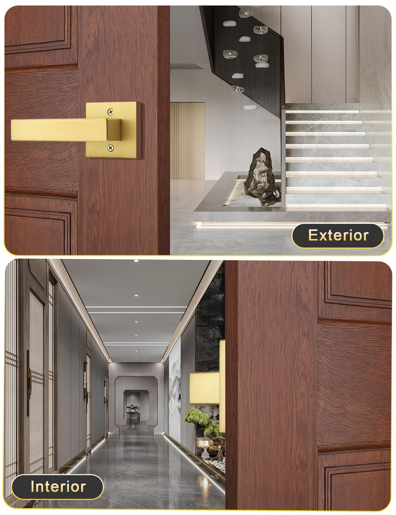 Tinewa 2 Pack Gold Dummy Lever Door Handles for Closets French Doors, Satin Brass Finish, Interior Dummy Door Locksets for Hall Closet Door Knobs Lock Reversible Right & Left Handed Gold-Half Dummy