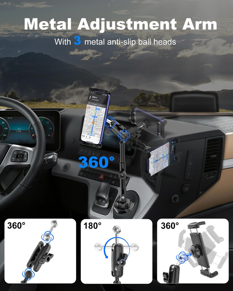 iPad Cup Holder Car Mount Heavy Duty [Height Adjust] Metal Long Arm Cup Holder Tablet Mount for Car, Truck, Compatible with 4.7-13" iPad Pro Air Mini, Galaxy Tab, iPhone, Cell Phone