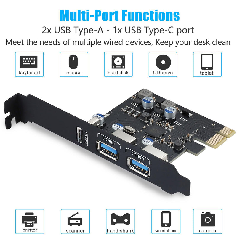 USB PCIE Card 18W Power Delivery, PCI Express 3 Port (Type C, 2 x Type A) PCIe USB 3.0 Fast charging Card Expansion Card with Low Profile Bracket for Desktop PC Windows XP/7/8/10 and Mac OS