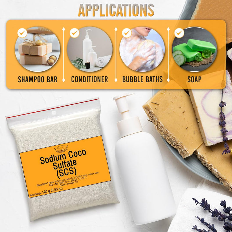 SODIUM COCO SULFATE (SCS) - Fine Granules - Anionic, Foaming Surfactant - for Homemade Solid Shampoo Bars, Soap, Foamy, Bubbly Products, Hair, Body - 600 g | 21.17 Oz