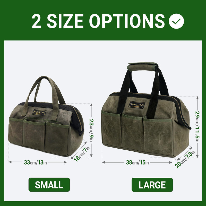 13-inch Tool Bag, Heavy Duty Wide Mouth Water-Resistant Tool Bag, Tool Tote with Handle for Tools, Wrenches, Screwdrivers (13 X 7 X 9 inch) | ArmyGreen 13 Inch