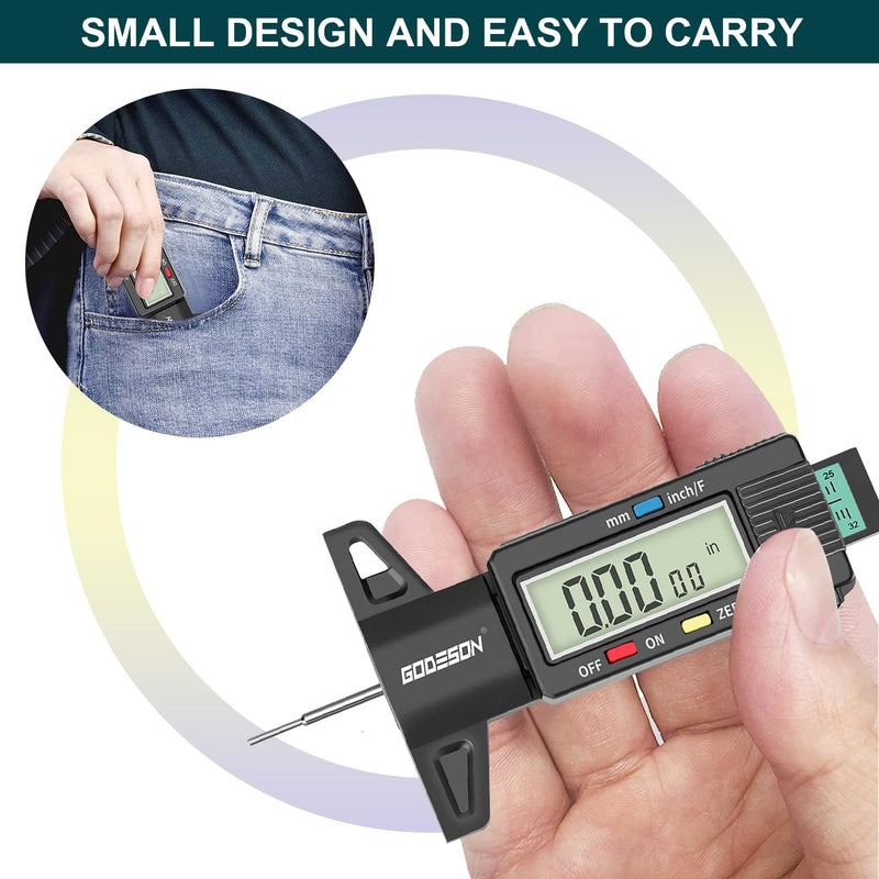 GODESON Tire Tread Depth Gauge, Digital Tire Tread Depth Gauge with 3 Modes-Fractional Inch, Decimal Inch and Millimeter, Tire Depth Gauge for Motorcycles, Cars, SUV, Easy to Read Tread Depth Gauge Black