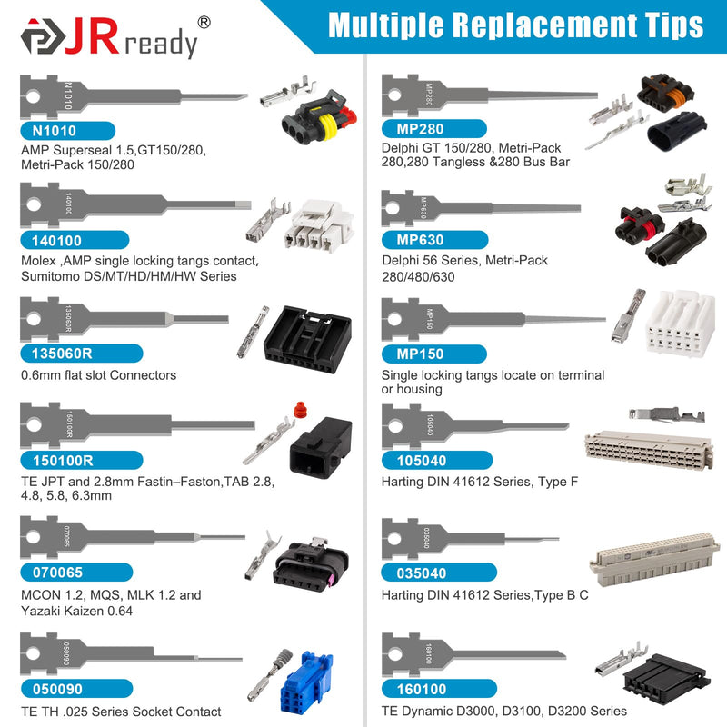 JRready ST5349 Pin Removal Tool Kit, 24PCS Replacement Pin Extractor Tools, Comprehensive Electrical Terminal Release Tool Set for Deutsch, AMP/TE, Molex, Delphi, JST, Harting Connectors 24pcs Pin Removal Tools