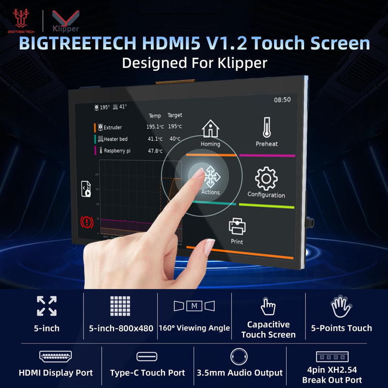 BIGTREETECH HDMI5 V1.2 Touchscreen Monitor 5 inch IPS LCD Display 800×480 for Raspberry-Pi 4B/3B, BTT Pi V1.2/Pi 2 Compatible with SKR Mini E3 V3.0/Octopus/Manta M4P/M5P SKR 3 to Running Klipper