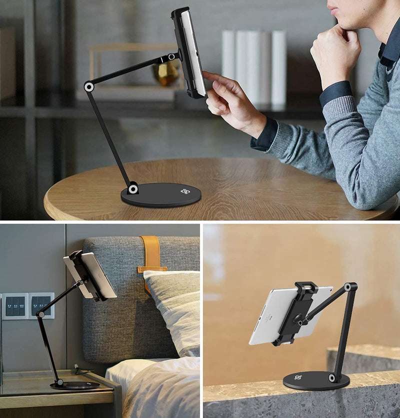 KABCON Tablet Stand,Tightness Adjustable 360°Rotatable Multi-Angle Eye-Level Aluminum Solid Long Arm Tablets Stands for iPad Series,Microsoft Surface Tablet Series,Samsung Galaxy Tabs,Kindle Fire,etc Black