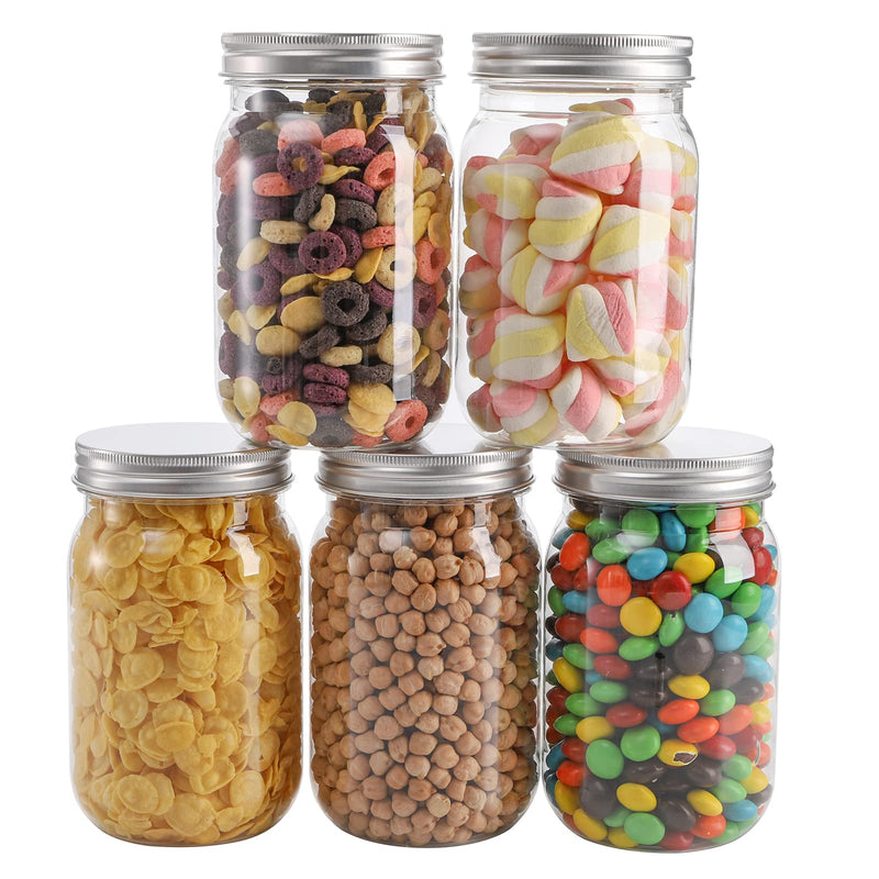 Tebery 12 Pack Clear Plastic Mason Jars with One Piece Lids, 16OZ Mason Cocktail Cup Shatterproof Drinking Jar, Refillable Empty Slime Storage Containers for Overnight Oats, Honey, Spices and Herbs 16Oz-12