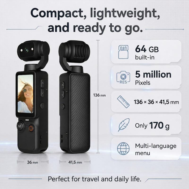 Molegar Mini Vlogging Camera Portable Handheld Video Camcorder with 180° Rotating Lens, 5MP HD Recording, 2000mAh Battery,64GB Card, One Button Recording Pocket Cam for Travel, Daily Life Black