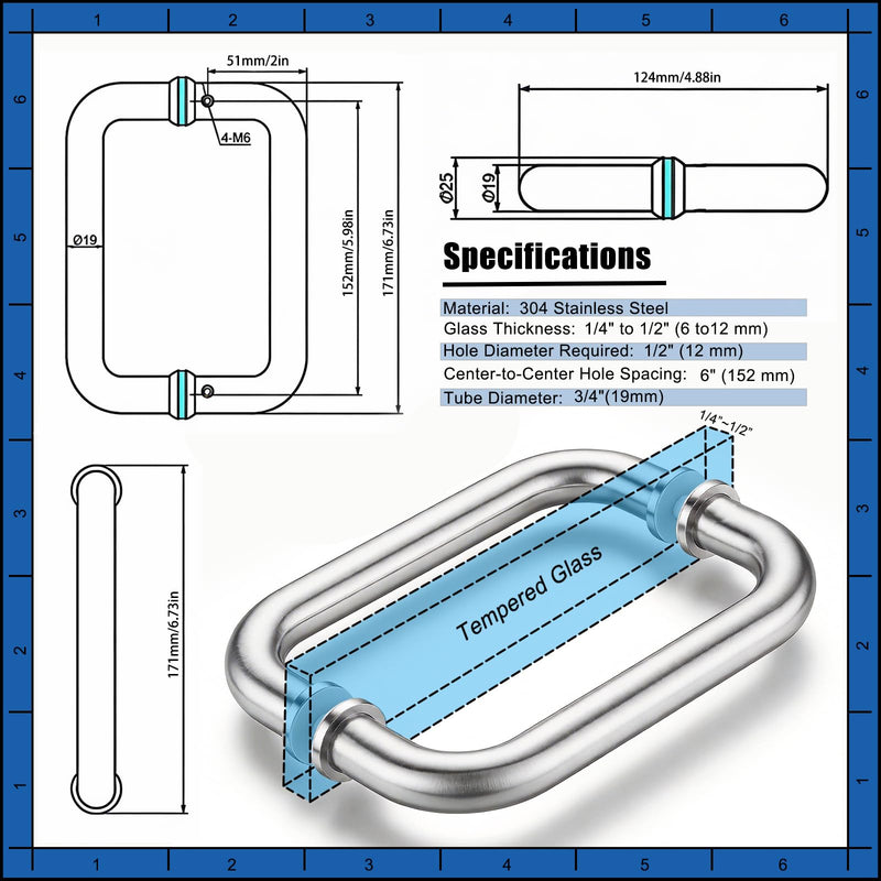 6-Inch (CTC) Glass Shower Door Handle, 3/4" Diameter Tubular Back-to-Back Shower Door Pull,for 1/4"–1/2" Thick Glass and 1-3/8"–2-1/6" Frameless Shower Doors Pull Handle（Brushed Nickel）
