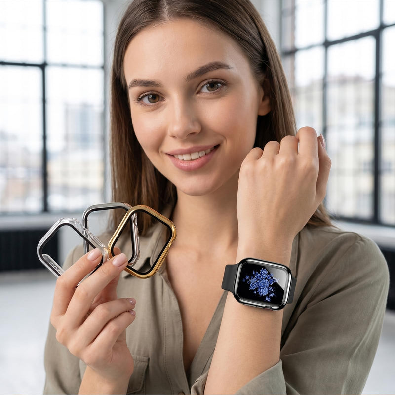 4 Pack Hard Case for Apple Watch Screen Protector Compatible with Apple Watch 40mm SE 3/2nd/Series 6/5/4 with Tempered Glass Screen Protector, Full Coverage Anti-Scratch Plated PC Cover Case Black/Gold/Silver/Transparent 40mm Series 4/5/6/SE/SE 2nd