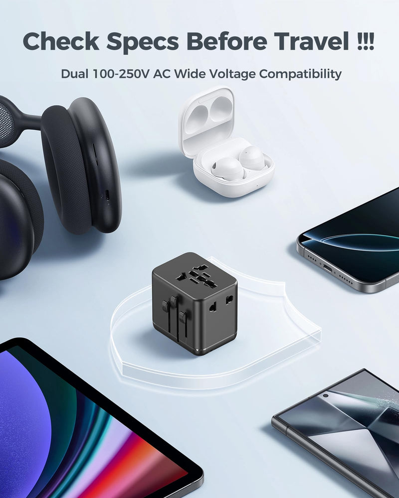 Universal Travel Adapter with Dual AC Outlets, 4 USB Ports, 2500W | 3 USB-C & 1 USB-A Ports, Charge 6 Devices, Compact Design, EU/US/UK/AU Plug Adapter for 200+ Countries