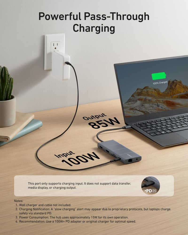 Anker USB-C Hub, 11-in-1 Docking Station Dual Monitor with 4K HDMI and DP | 1 USB-C and 1 USB-A 10Gbps Data Ports, 2 USB 2.0 Data Ports, 4K HDMI and DisplayPort, 85W Max PD, Ethernet, for XPS and More