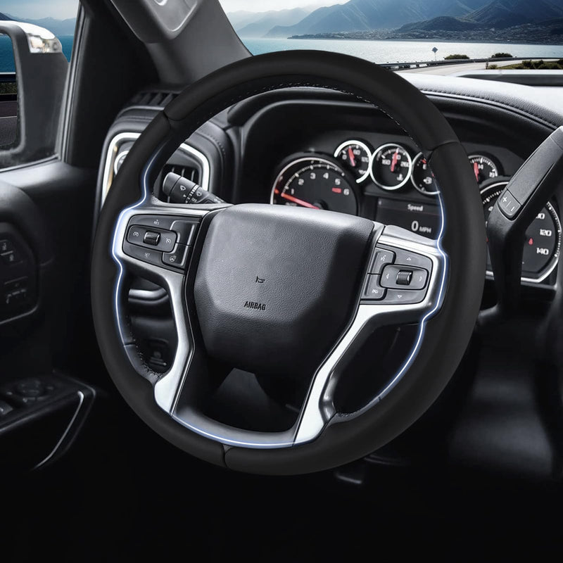 Steering Wheel Cover for Chevy Silverado 1500 2019-Present/ 2500 3500 2020-Present/Blazer 2019-Present (Gasoline Models)/ Suburban Tahoe 2021-2024, Car Steering Wheel Cover Accessories for Chevrolet Black Leather For Silverado 1500 2019-Now