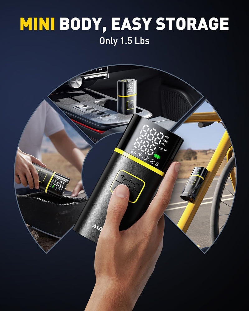 AUXITO Tire Inflator Portable Air Compressor - 150PSI 1Min Fast Inflate Air Pump for Car Tires with Tire Pressure Gauge, LED Flashlight, Portable Tire Inflatores for Car, Sedan, Motorcycle, Bike, Ball A301-5200mAh
