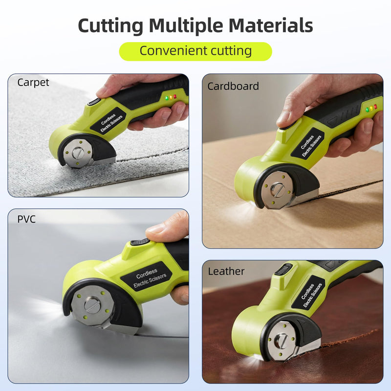 Cordless Electric Cutter, 4V Rechargeable Scissors Box Cutter with 2 Rotary Blades, USB Cable,Storage Bag, Safety Lock & LED Light, For Cardboard, Fabric, Plastic, Leather, Carpet, Packaging, DIY
