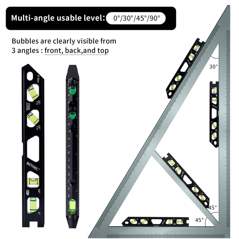 BETHEL 9 Inch Magnetic Torpedo Level with 4 Bubble Vials, V-Groove & Magnetic Rails, Black Aluminum Alloy Construction Black 9in