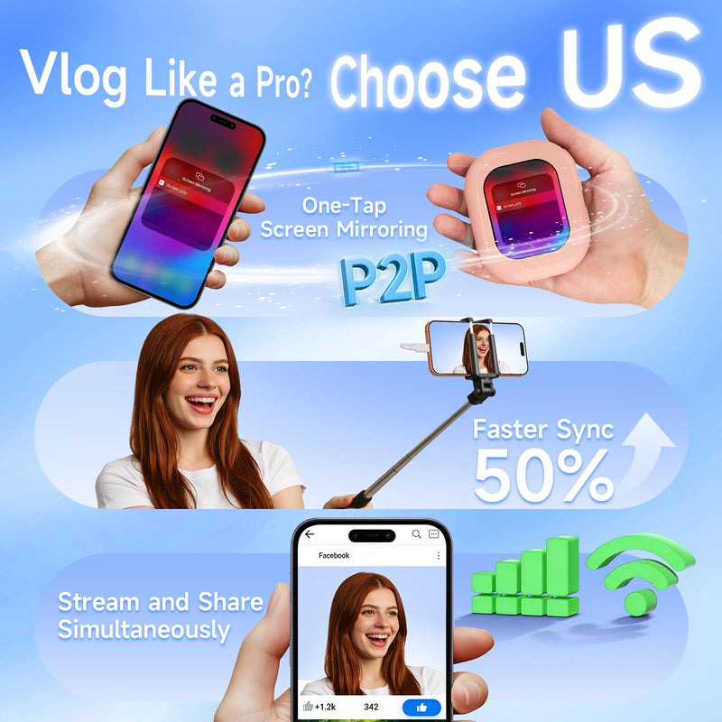 Vlog Selfie Monitor Screen for iPhone & Android, Magnetic Selfie Monitor | 2.01" IPS Compact Portable Back Camera Monitor, Wireless Monitor for Vlog, TikTok and Live Streaming（Pink） Pink