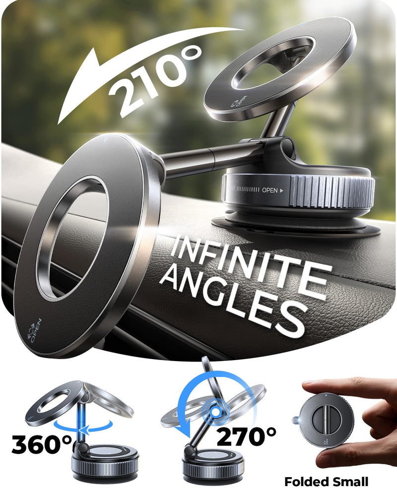 2026 Upgraded 2-Pack for MagSafe Vacuum Car Phone Mount, Car Phone Holder | 2800gf Strong Magnetic Phone Holders for Your Car, 360° Adjustable 98LBS Suction Cup Car Mount, for iPhone 12–17 Pro Max Black