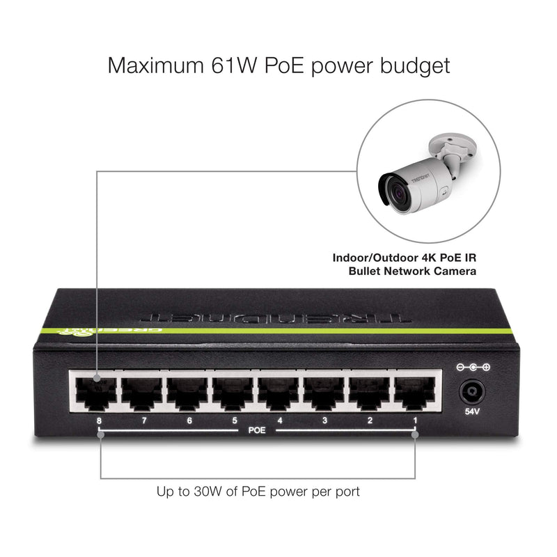TRENDnet 8-Port PoE Switch, TPE-S44, Ethernet Splitter, 30W Power Budget, 1.6 Gbps Switching Capacity, 10/100Mbps, NDAA & TAA Compliant, Lifetime Manufacturer Protection